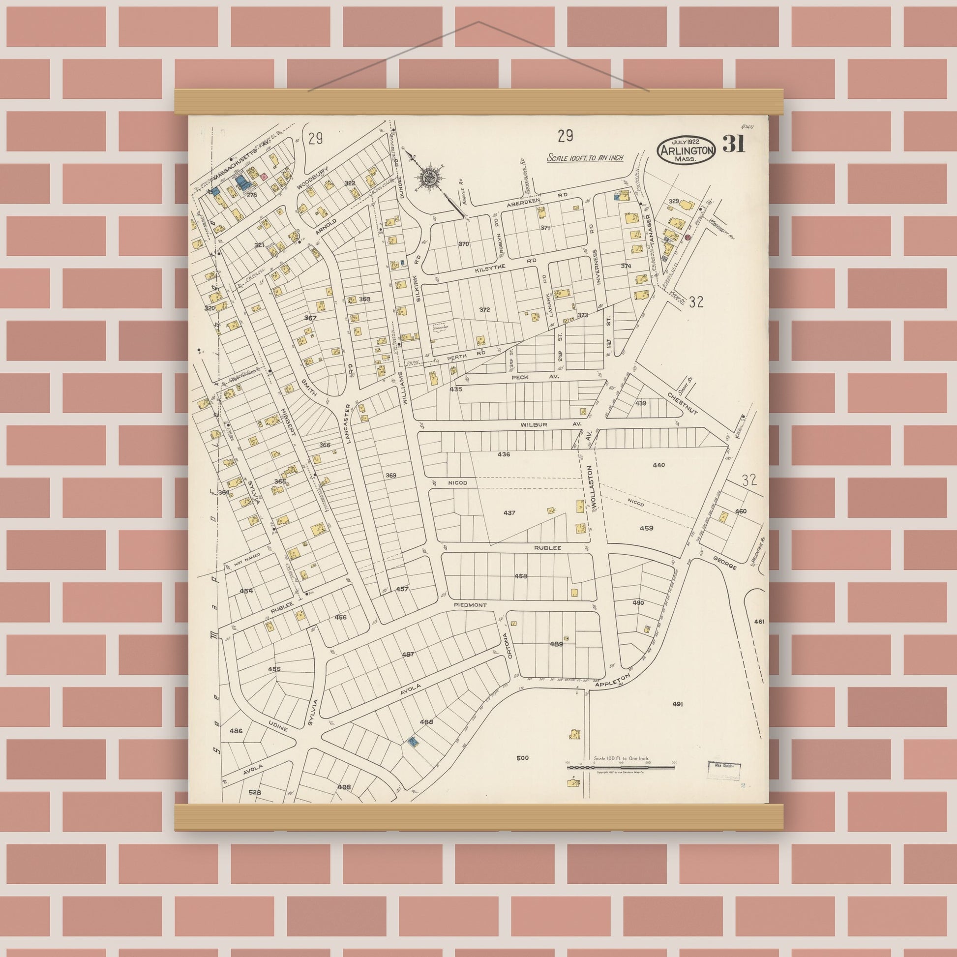 Old map wall art mockup — magnetic wood frame on brick wall — Sanborn Fire Insurance Map from Arlington, Middlesex County, Massachusetts (1922), Sheet #0031