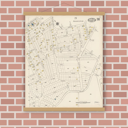 Old map wall art mockup — magnetic wood frame on brick wall — Sanborn Fire Insurance Map from Arlington, Middlesex County, Massachusetts (1922), Sheet #0031