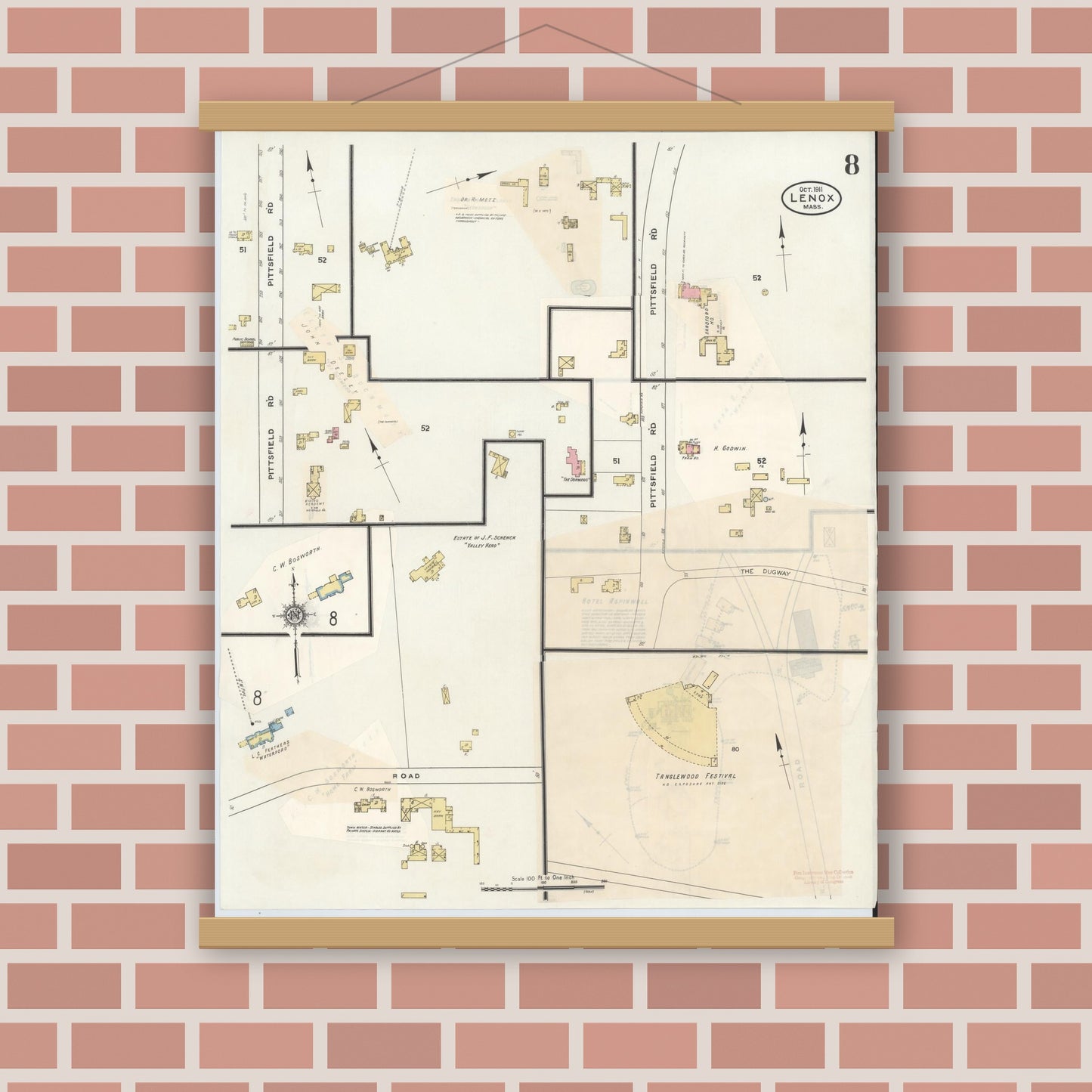 Old map wall art mockup — magnetic wood frame on brick wall — Sanborn Fire Insurance Map from Lenox, Berkshire County, Massachusetts (1939), Sheet #0008
