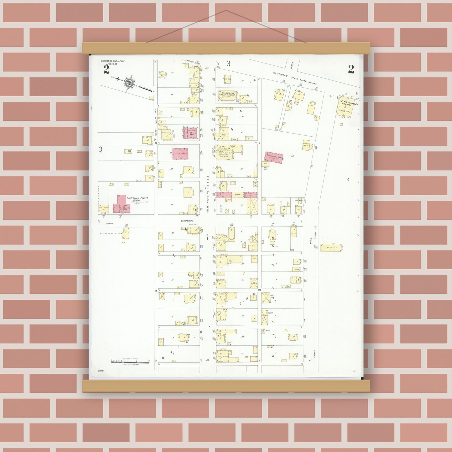 Old map wall art mockup — magnetic wood frame on brick wall — Sanborn Fire Insurance Map from Cumberland, Guernsey County, Ohio (1946), Sheet #0002