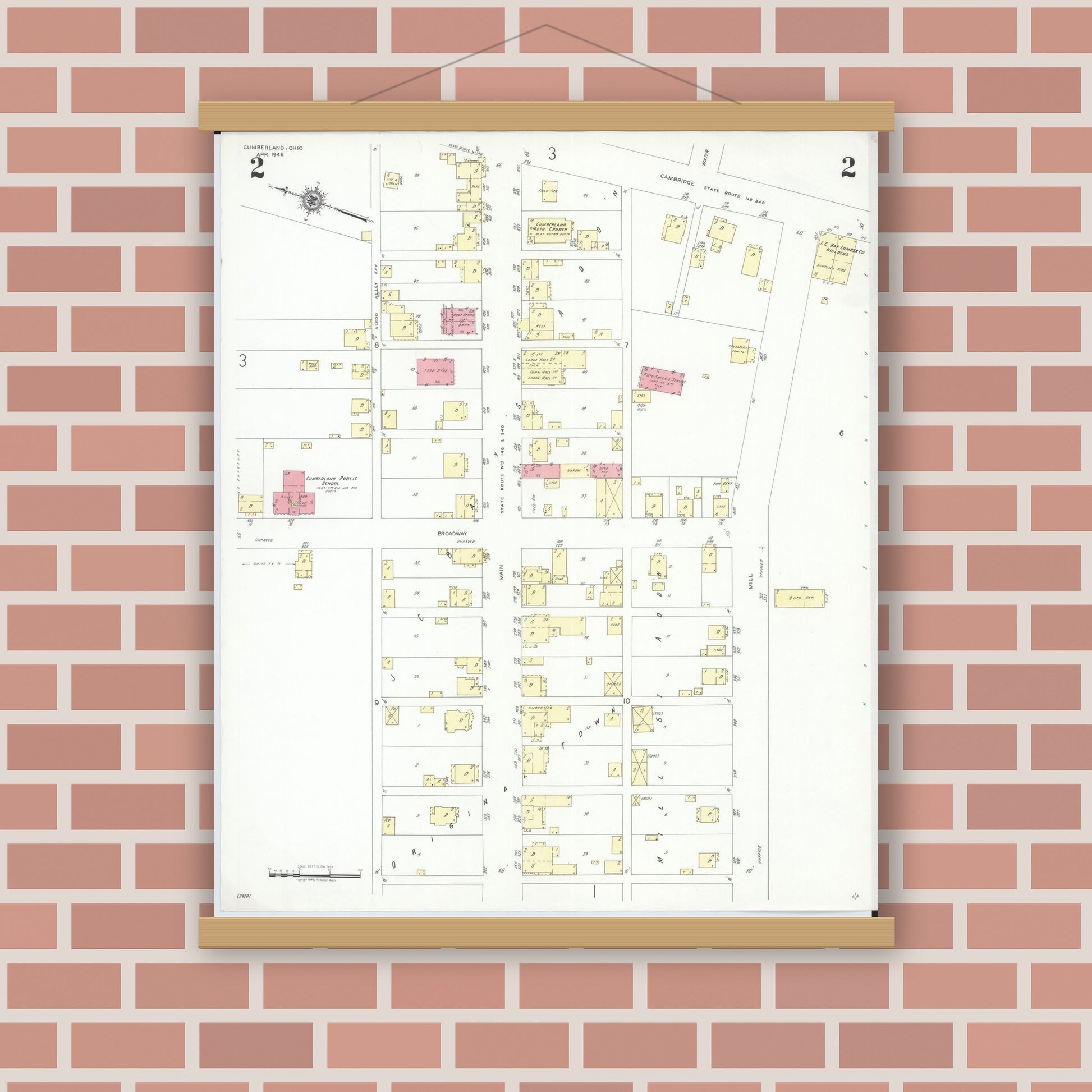 Old map wall art mockup — magnetic wood frame on brick wall — Sanborn Fire Insurance Map from Cumberland, Guernsey County, Ohio (1946), Sheet #0002