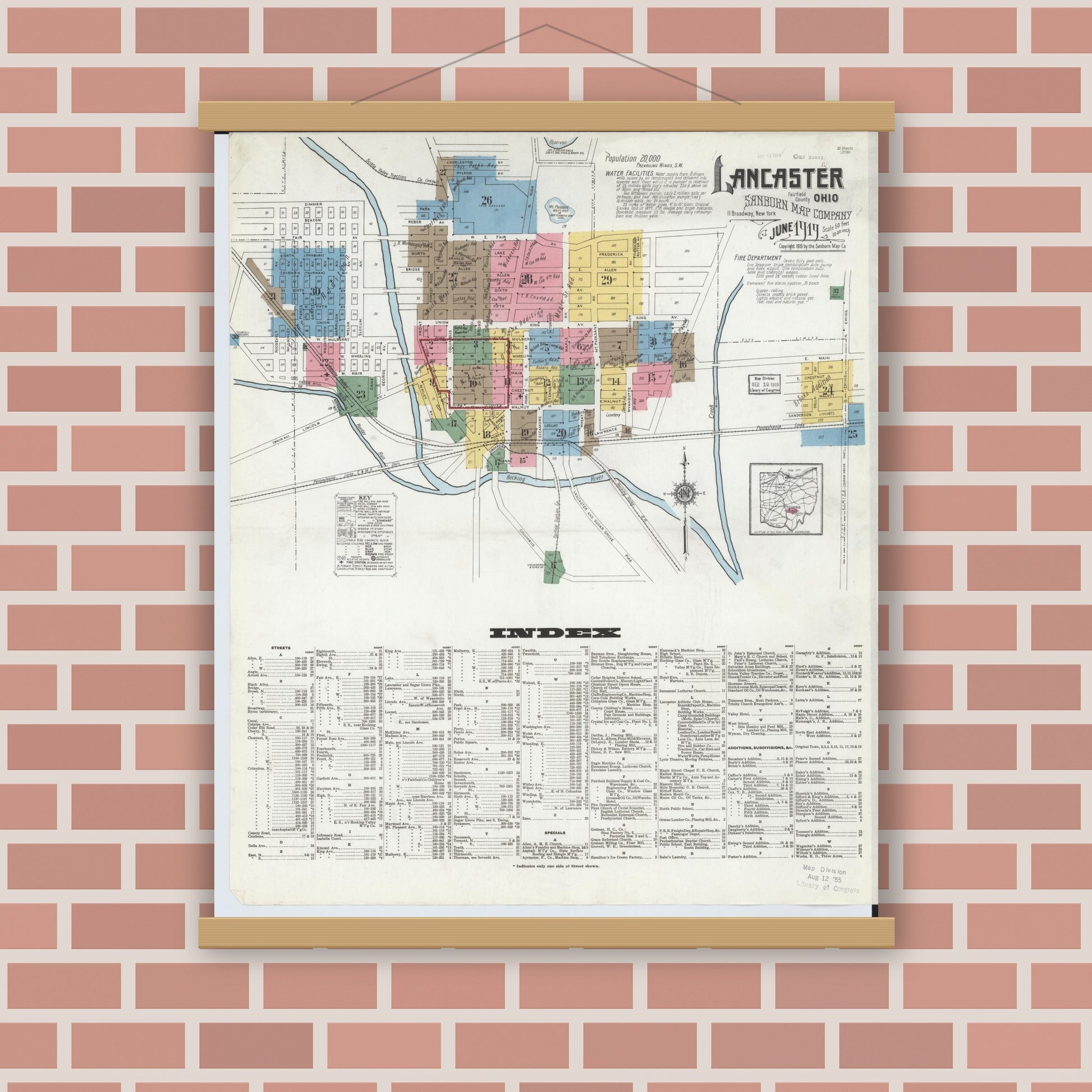 Old map wall art mockup — magnetic wood frame on brick wall — Sanborn Fire Insurance Map from Lancaster, Fairfield County, Ohio (1919) - Complete Map Set