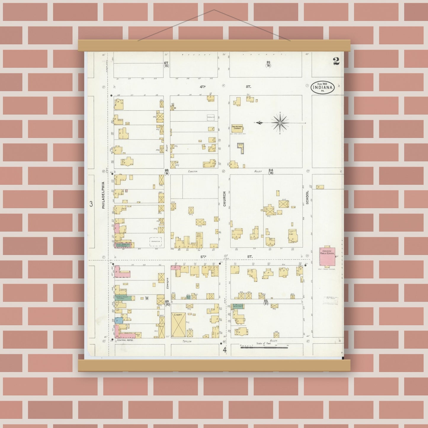 Old map wall art mockup — magnetic wood frame on brick wall — Sanborn Fire Insurance Map from Indiana, Indiana County, Pennsylvania (1903), Sheet #0002
