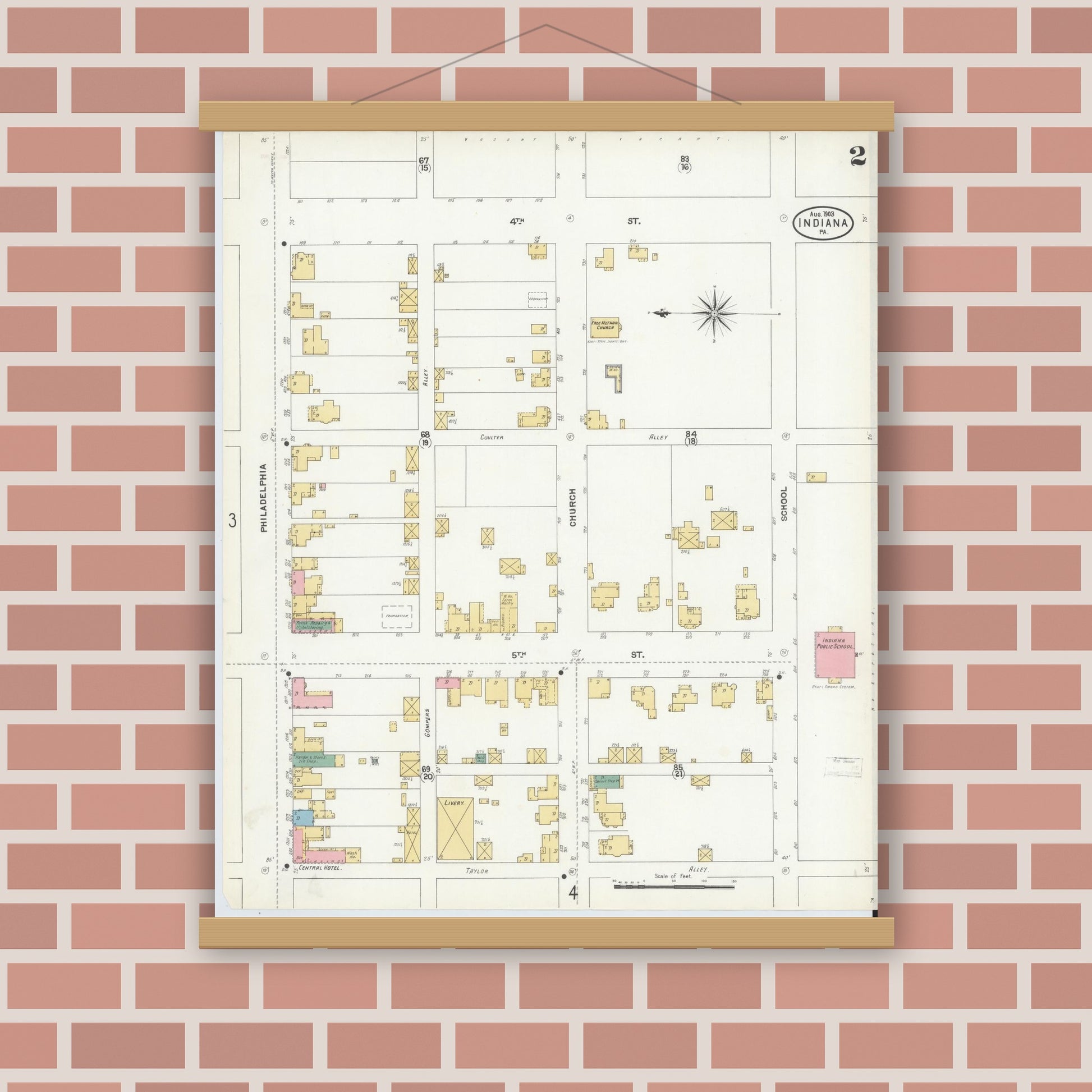 Old map wall art mockup — magnetic wood frame on brick wall — Sanborn Fire Insurance Map from Indiana, Indiana County, Pennsylvania (1903), Sheet #0002