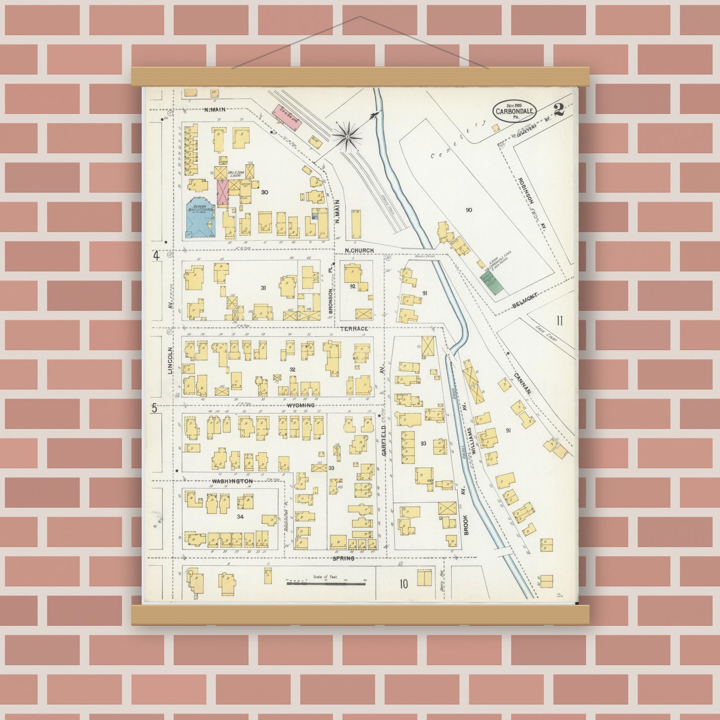 Old map wall art mockup — magnetic wood frame on brick wall — Sanborn Fire Insurance Map from Carbondale, Lackawanna County, Pennsylvania (1903), Sheet #0002