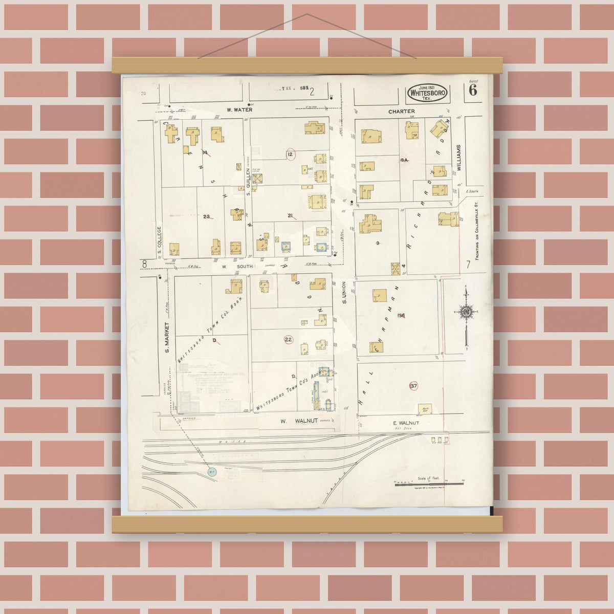 Old map wall art mockup — magnetic wood frame on brick wall — Sanborn Fire Insurance Map from Whitesboro, Grayson County, Texas (1943), Sheet #0006