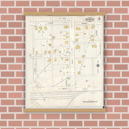 Old map wall art mockup — magnetic wood frame on brick wall — Sanborn Fire Insurance Map from Whitesboro, Grayson County, Texas (1943), Sheet #0006