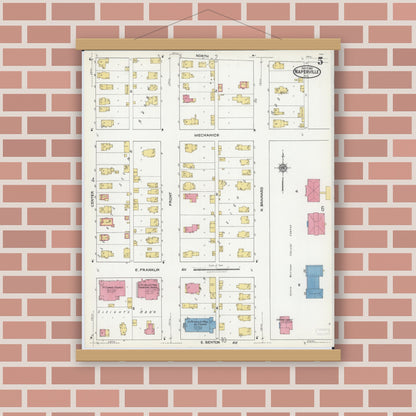 Old map wall art mockup — magnetic wood frame on brick wall — Sanborn Fire Insurance Map from Naperville, Du Page County, Illinois (1921), Sheet #0005