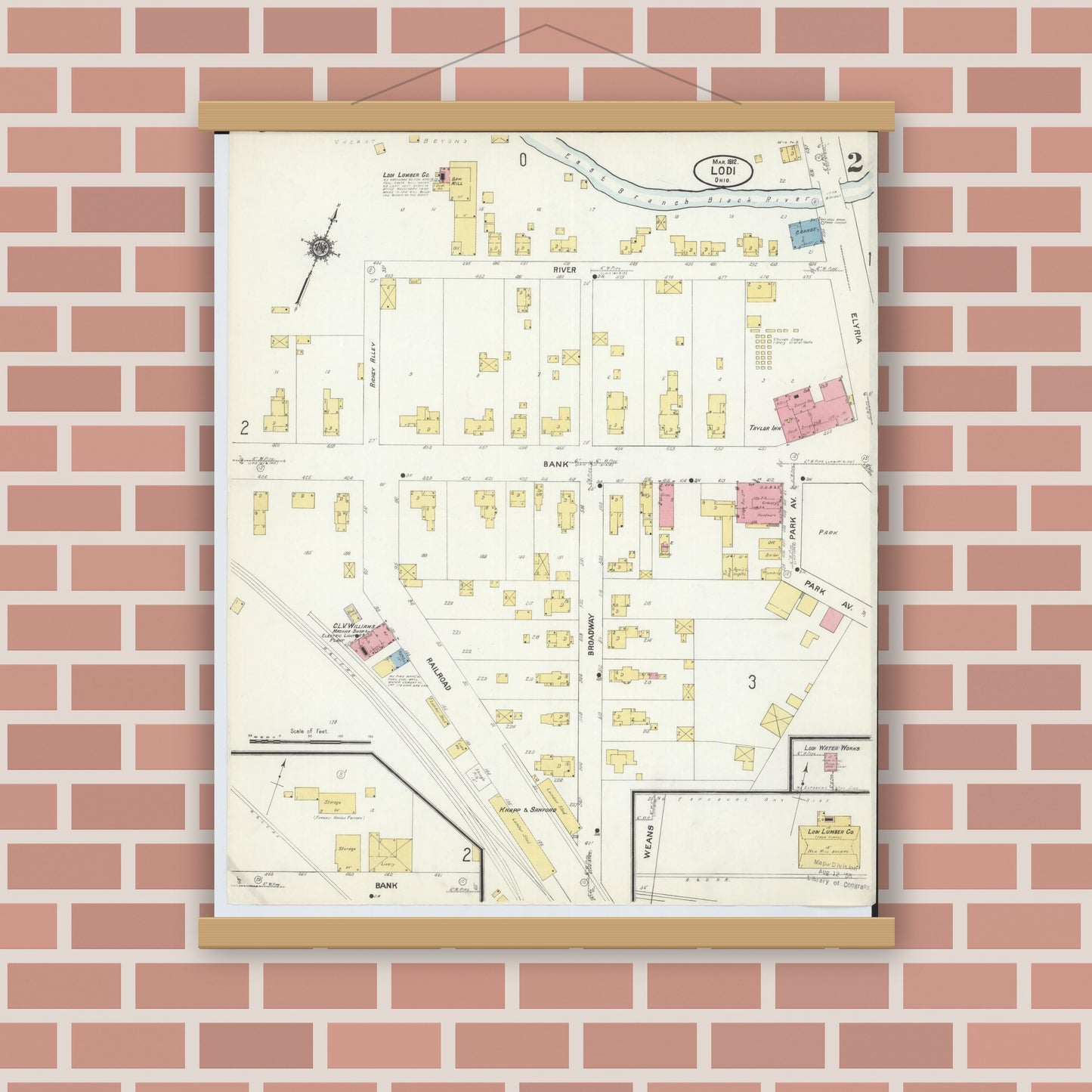 Old map wall art mockup — magnetic wood frame on brick wall — Sanborn Fire Insurance Map from Lodi, Medina County, Ohio (1912), Sheet #0002