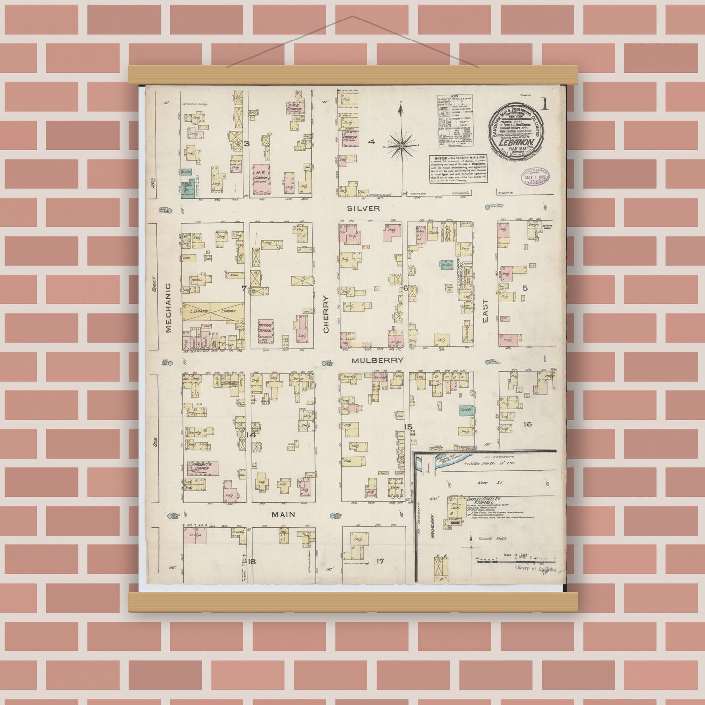 Old map wall art mockup — magnetic wood frame on brick wall — Sanborn Fire Insurance Map from Lebanon, Warren County, Ohio (1885) - Complete Map Set