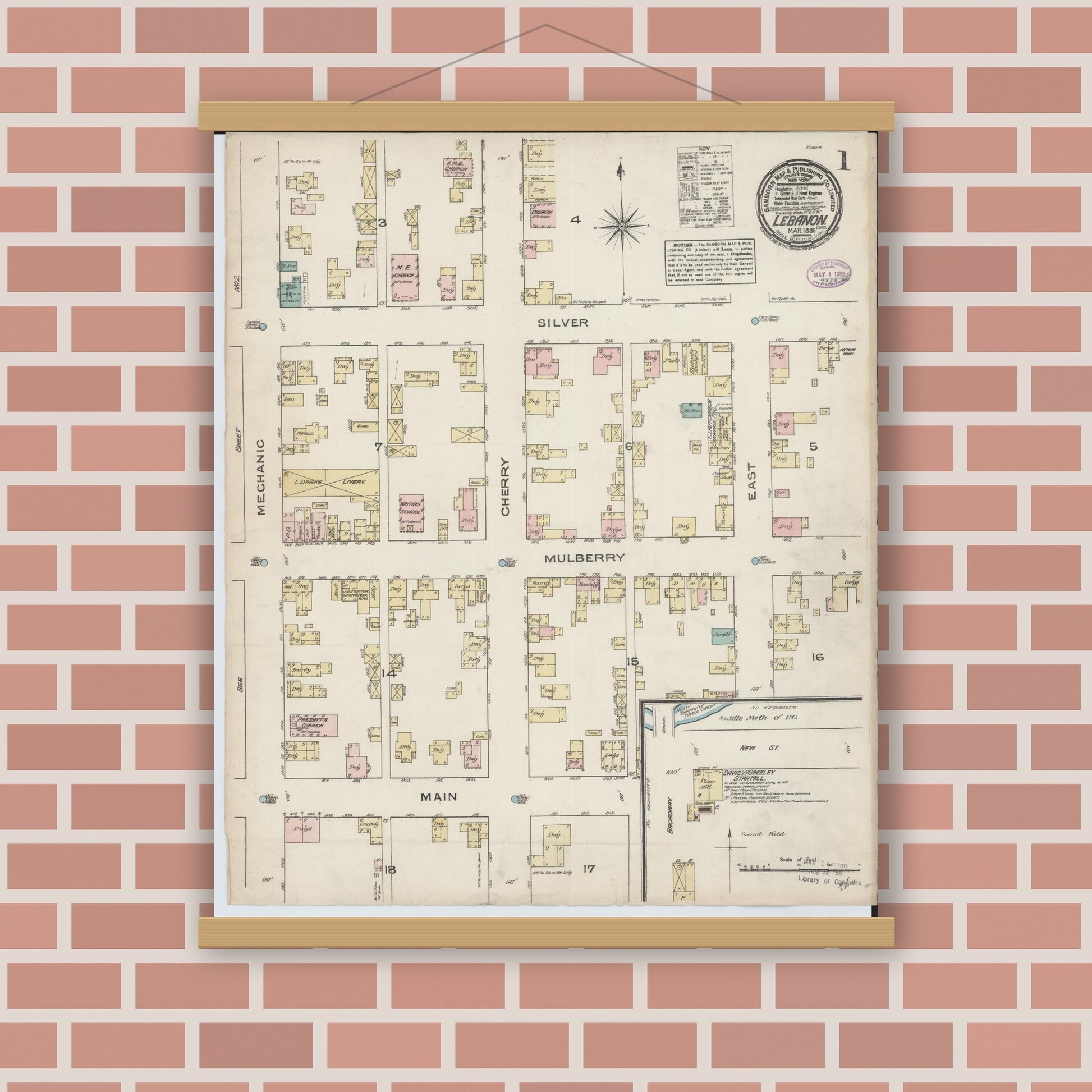 Old map wall art mockup — magnetic wood frame on brick wall — Sanborn Fire Insurance Map from Lebanon, Warren County, Ohio (1885) - Complete Map Set