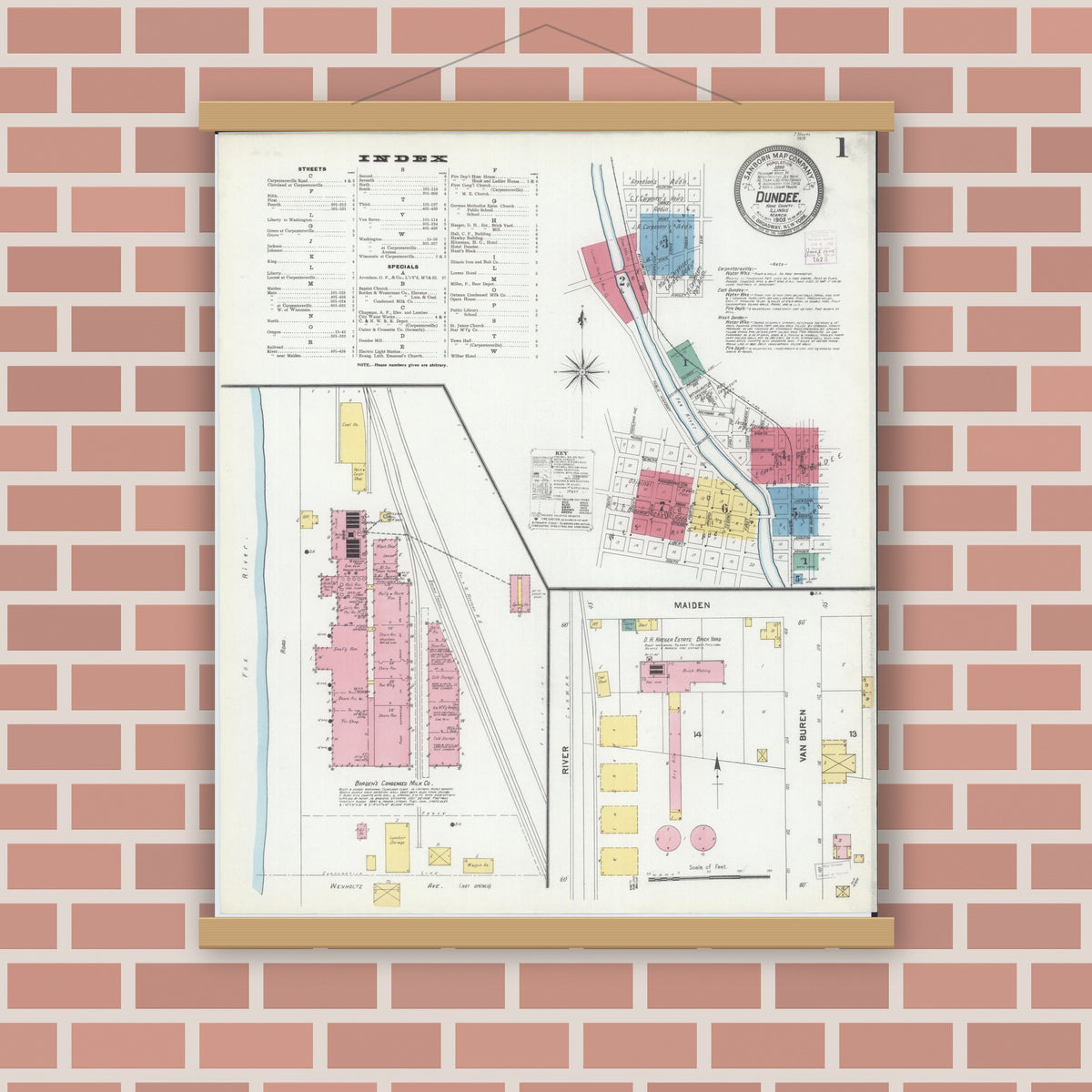 Old map wall art mockup — magnetic wood frame on brick wall — Sanborn Fire Insurance Map from Dundee, Kane County, Illinois (1905) - Complete Map Set