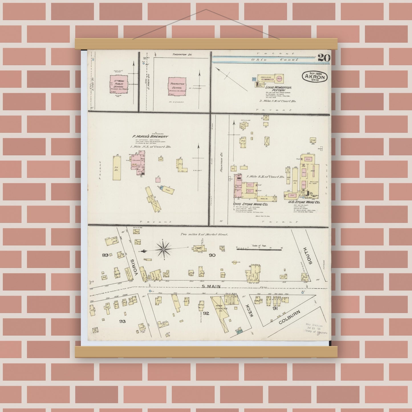 Old map wall art mockup — magnetic wood frame on brick wall — Sanborn Fire Insurance Map from Akron, Summit County, Ohio (1886), Sheet #0020