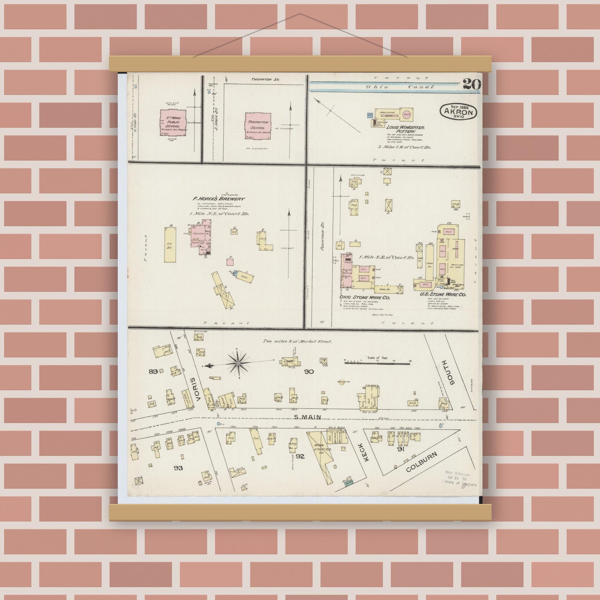 Old map wall art mockup — magnetic wood frame on brick wall — Sanborn Fire Insurance Map from Akron, Summit County, Ohio (1886), Sheet #0020
