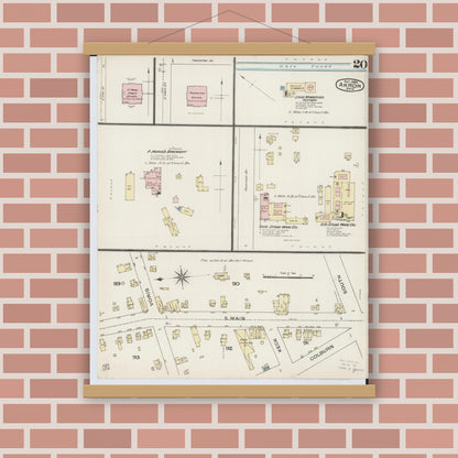 Old map wall art mockup — magnetic wood frame on brick wall — Sanborn Fire Insurance Map from Akron, Summit County, Ohio (1886), Sheet #0020