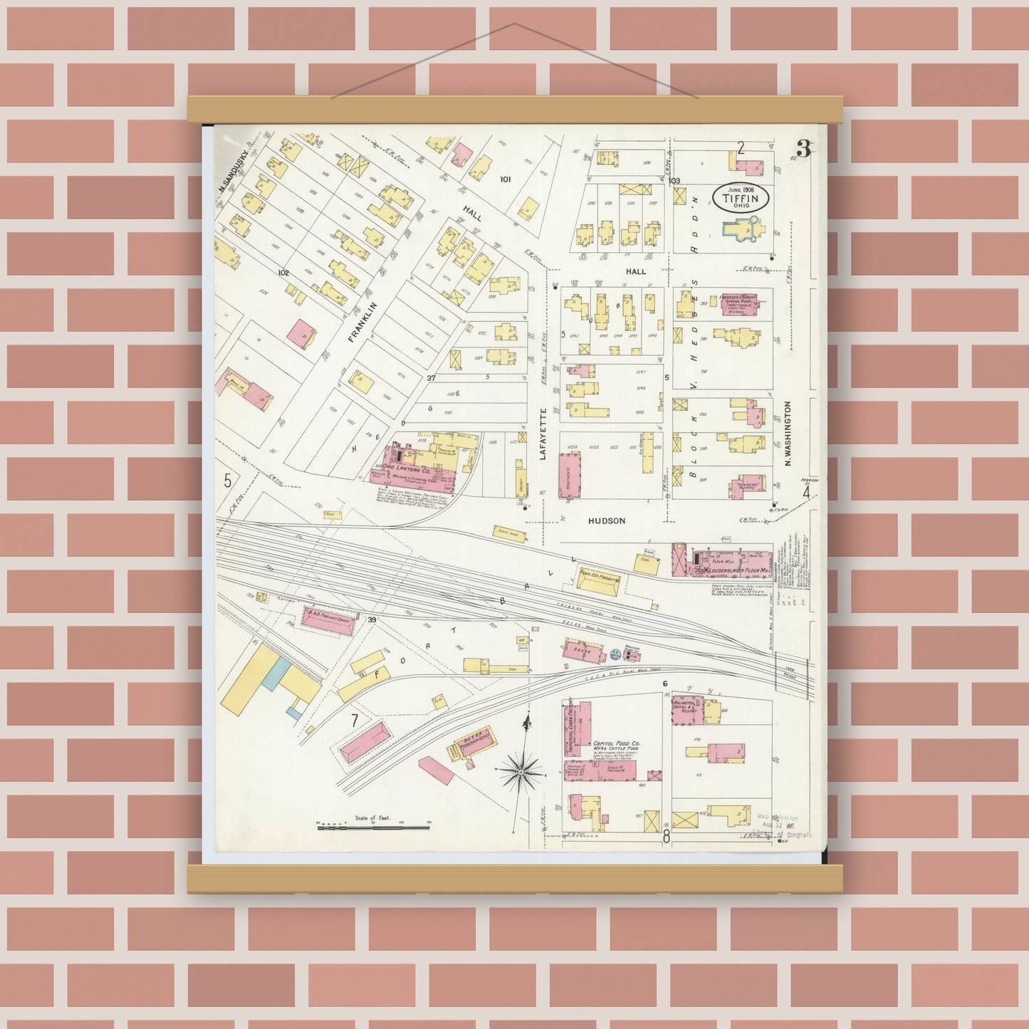 Old map wall art mockup — magnetic wood frame on brick wall — Sanborn Fire Insurance Map from Tiffin, Seneca County, Ohio (1908), Sheet #0003