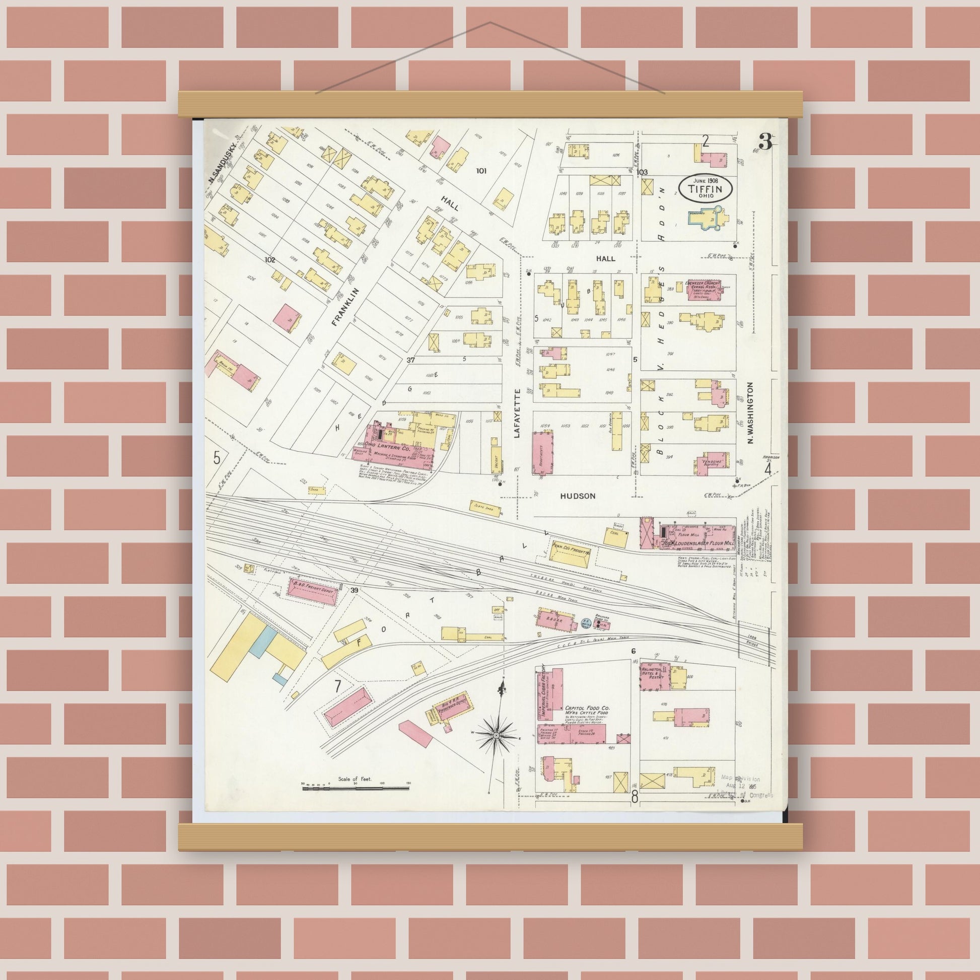 Old map wall art mockup — magnetic wood frame on brick wall — Sanborn Fire Insurance Map from Tiffin, Seneca County, Ohio (1908), Sheet #0003