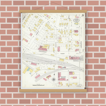 Old map wall art mockup — magnetic wood frame on brick wall — Sanborn Fire Insurance Map from Tiffin, Seneca County, Ohio (1908), Sheet #0003