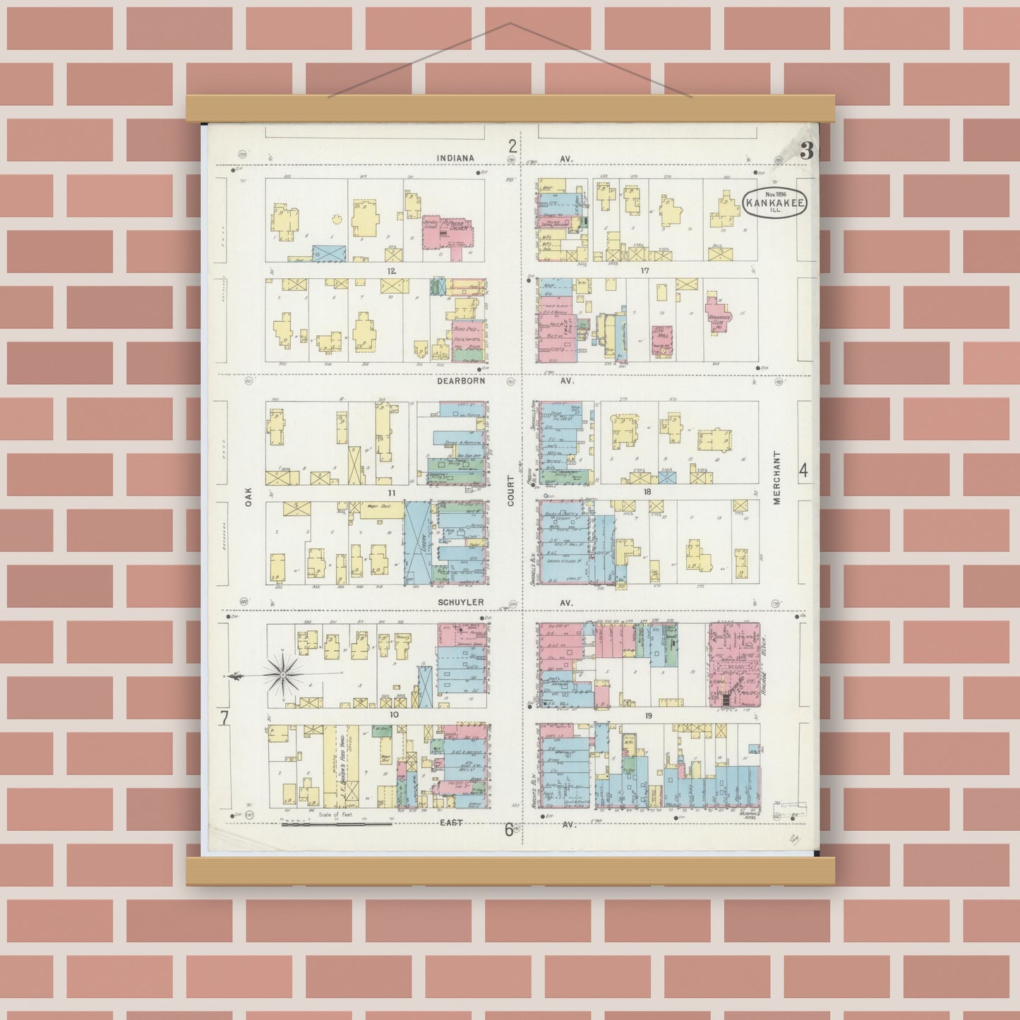 Old map wall art mockup — magnetic wood frame on brick wall — Sanborn Fire Insurance Map from Kankakee, Kankakee County, Illinois (1896), Sheet #0003
