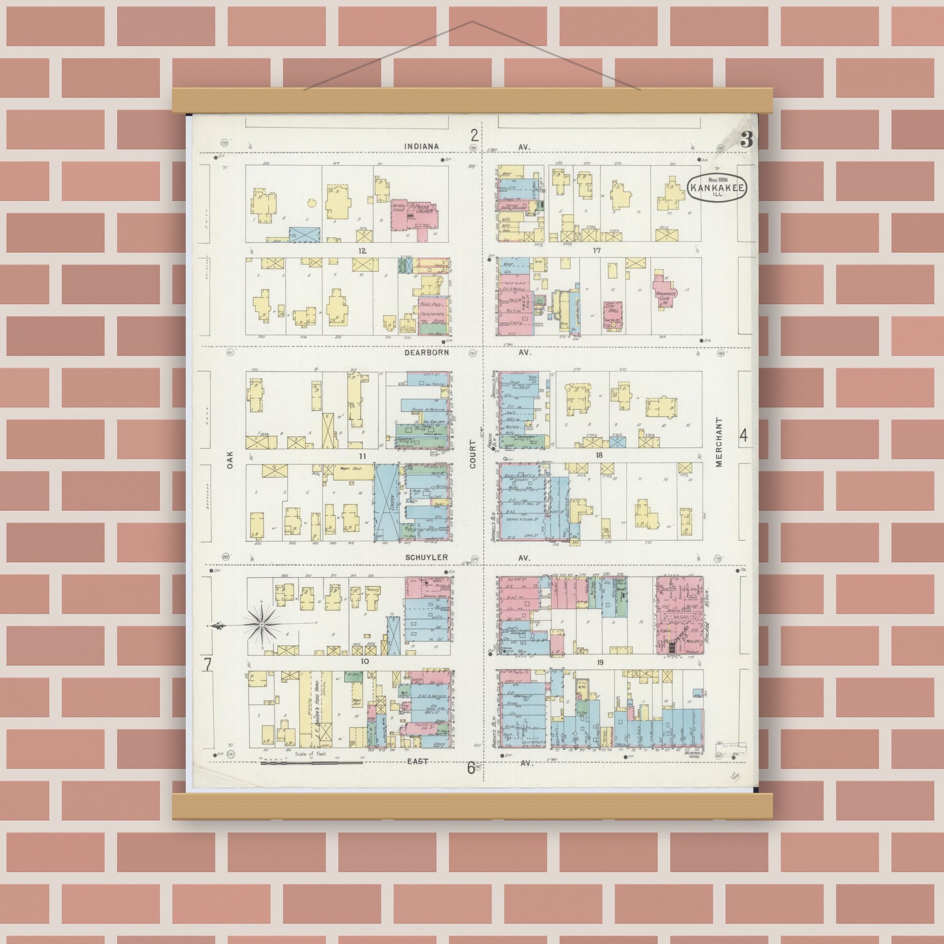Old map wall art mockup — magnetic wood frame on brick wall — Sanborn Fire Insurance Map from Kankakee, Kankakee County, Illinois (1896), Sheet #0003