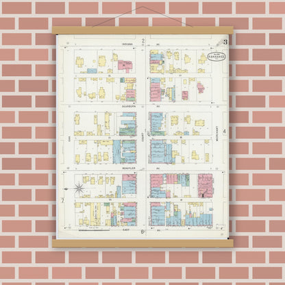 Old map wall art mockup — magnetic wood frame on brick wall — Sanborn Fire Insurance Map from Kankakee, Kankakee County, Illinois (1896), Sheet #0003