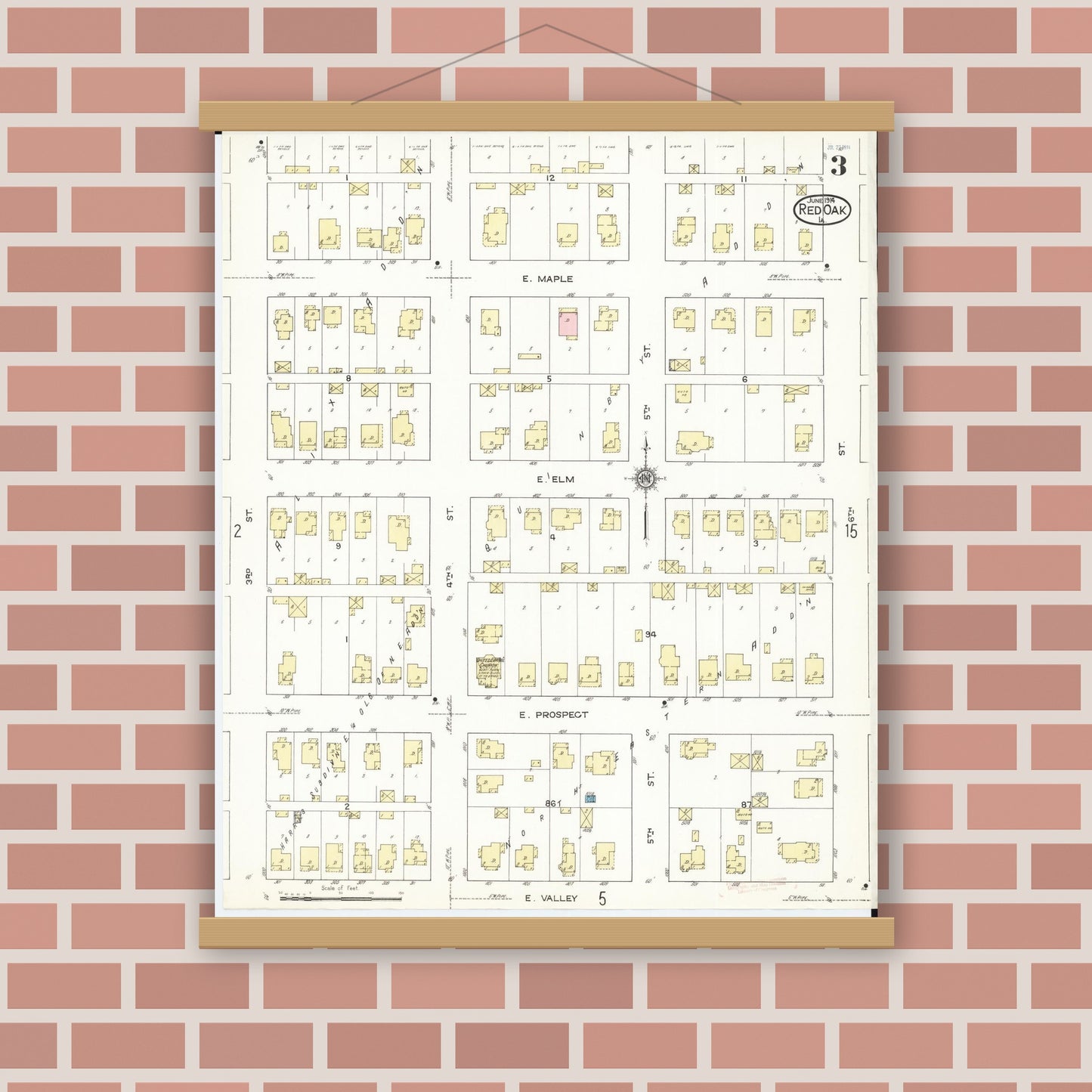 Old map wall art mockup — magnetic wood frame on brick wall — Sanborn Fire Insurance Map from Red Oak, Montgomery County, Iowa (1914), Sheet #0003