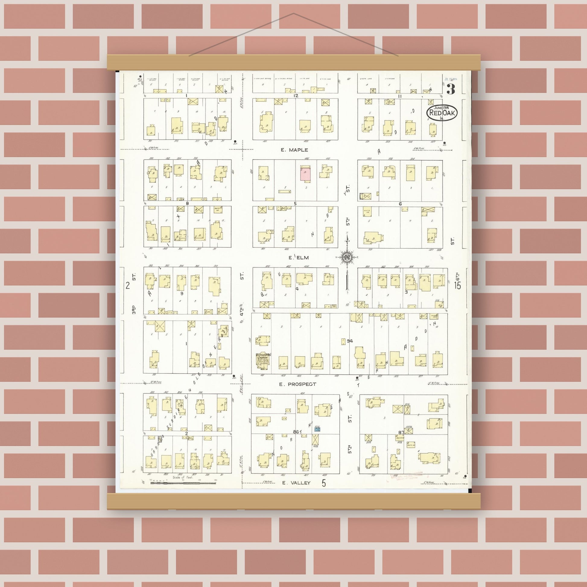 Old map wall art mockup — magnetic wood frame on brick wall — Sanborn Fire Insurance Map from Red Oak, Montgomery County, Iowa (1914), Sheet #0003