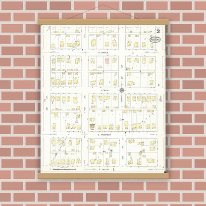 Old map wall art mockup — magnetic wood frame on brick wall — Sanborn Fire Insurance Map from Red Oak, Montgomery County, Iowa (1914), Sheet #0003