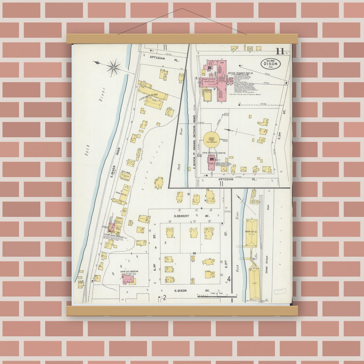Old map wall art mockup — magnetic wood frame on brick wall — Sanborn Fire Insurance Map from Dixon, Lee County, Illinois (1902), Sheet #0011