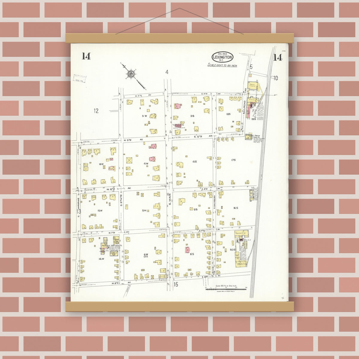 Old map wall art mockup — magnetic wood frame on brick wall — Sanborn Fire Insurance Map from Lexington, Davidson County, North Carolina (1923), Sheet #0014