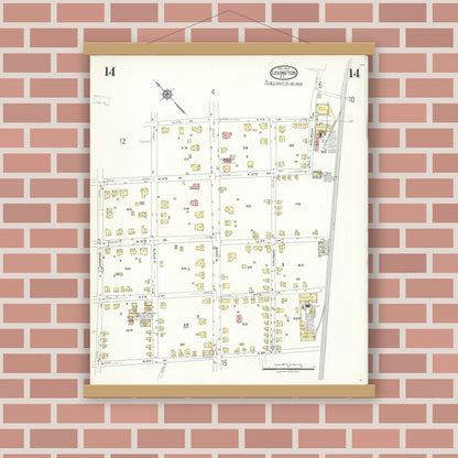 Old map wall art mockup — magnetic wood frame on brick wall — Sanborn Fire Insurance Map from Lexington, Davidson County, North Carolina (1923), Sheet #0014