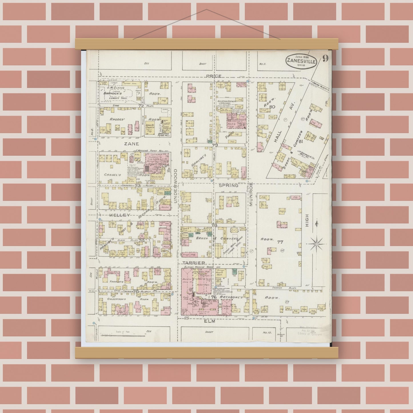 Old map wall art mockup — magnetic wood frame on brick wall — Sanborn Fire Insurance Map from Zanesville, Muskingum County, Ohio (1886), Sheet #0009