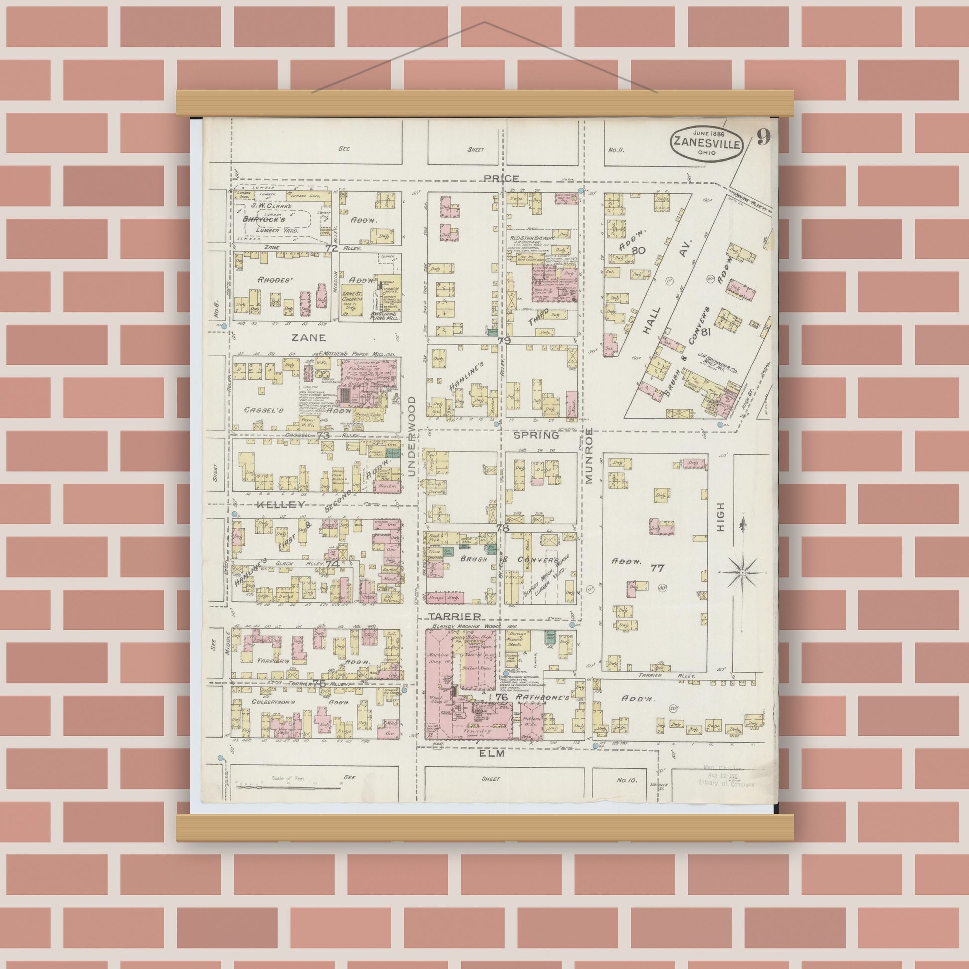 Old map wall art mockup — magnetic wood frame on brick wall — Sanborn Fire Insurance Map from Zanesville, Muskingum County, Ohio (1886), Sheet #0009