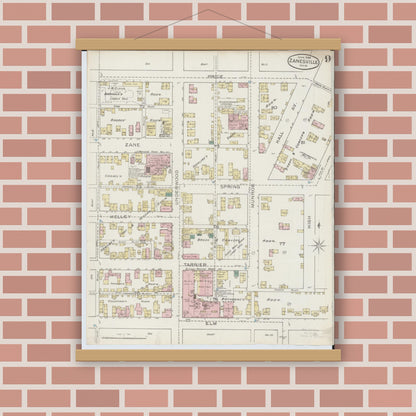Old map wall art mockup — magnetic wood frame on brick wall — Sanborn Fire Insurance Map from Zanesville, Muskingum County, Ohio (1886), Sheet #0009