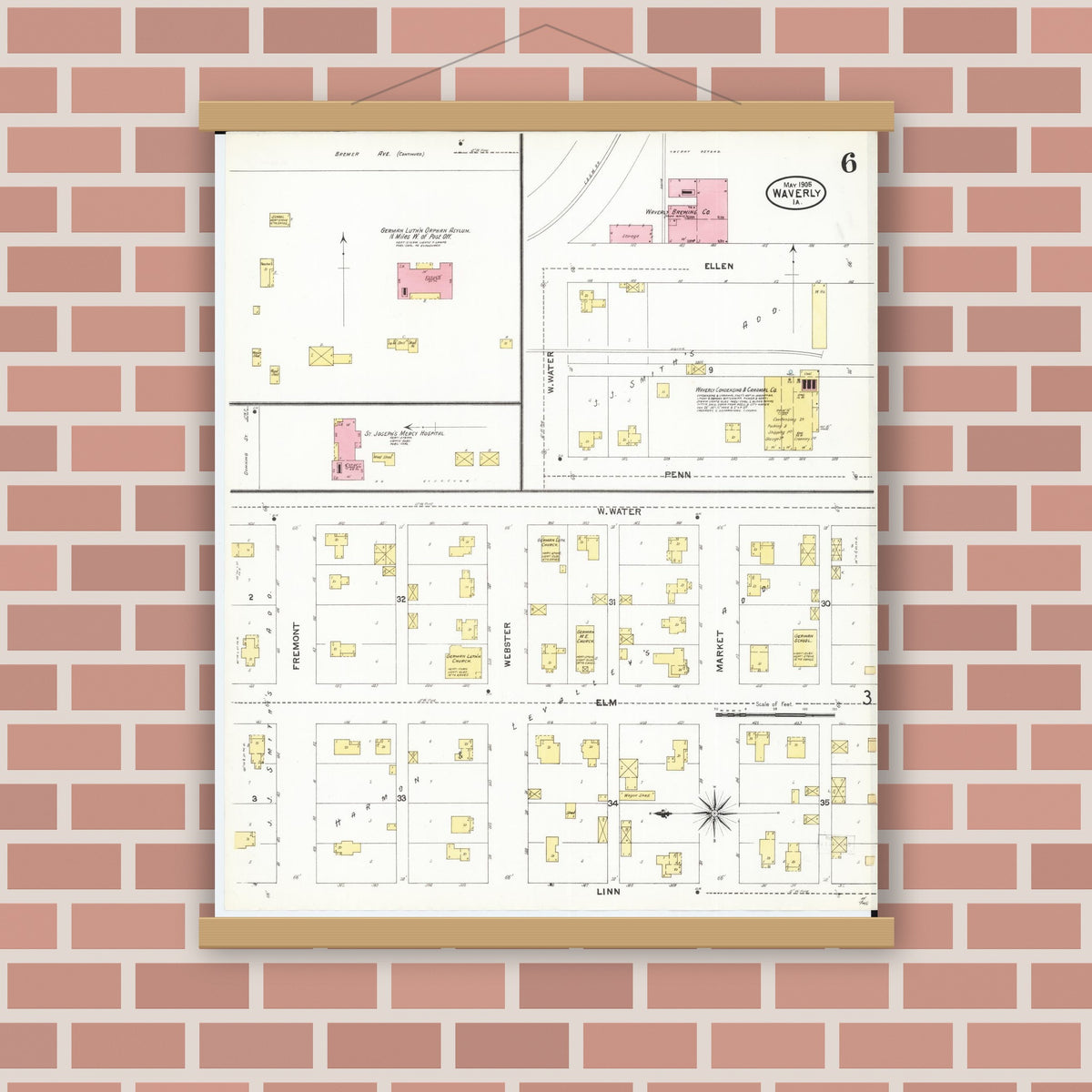 Old map wall art mockup — magnetic wood frame on brick wall — Sanborn Fire Insurance Map from Waverly, Bremer County, Iowa (1905), Sheet #0006