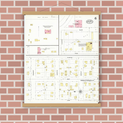 Old map wall art mockup — magnetic wood frame on brick wall — Sanborn Fire Insurance Map from Waverly, Bremer County, Iowa (1905), Sheet #0006