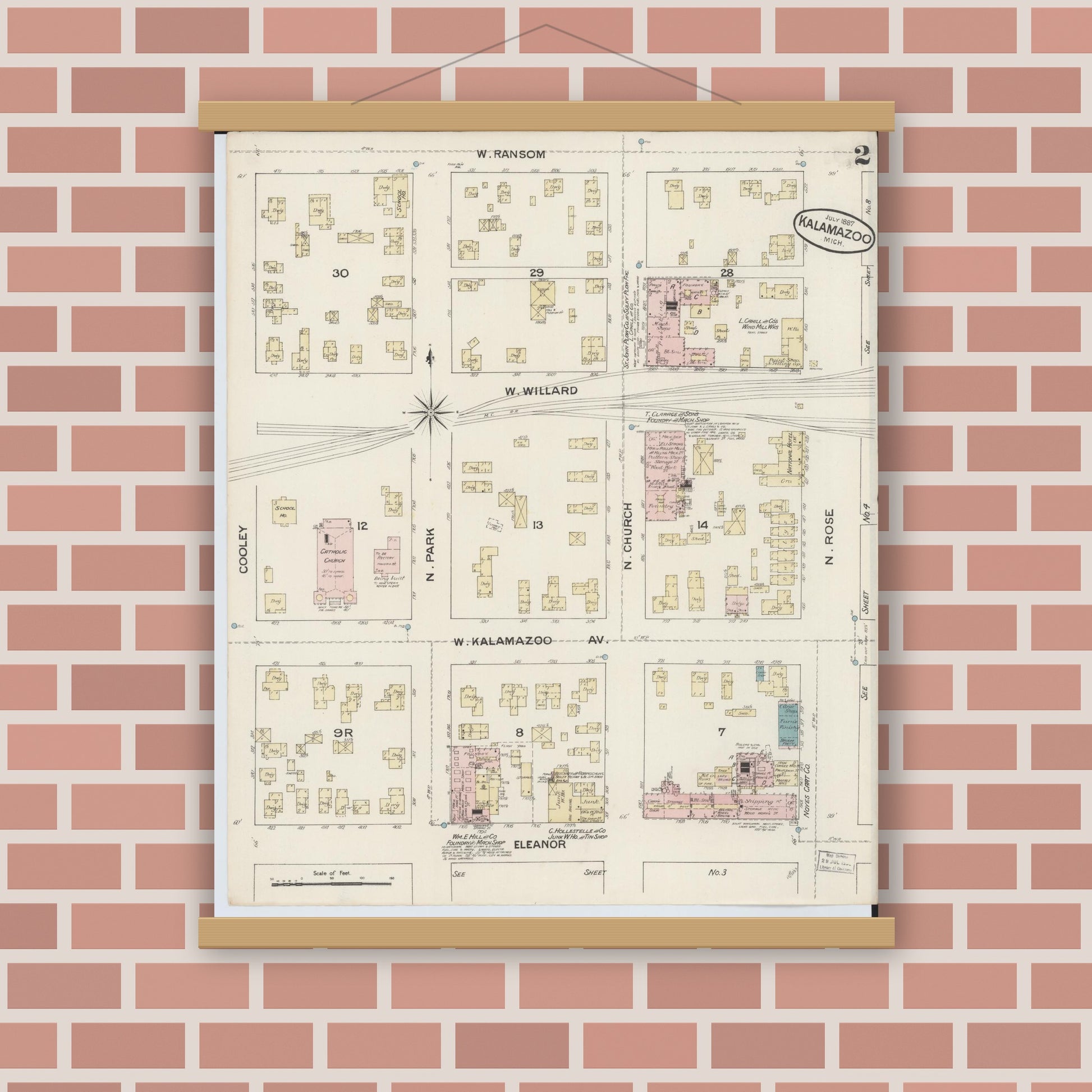 Old map wall art mockup — magnetic wood frame on brick wall — Sanborn Fire Insurance Map from Kalamazoo, Kalamazoo County, Michigan (1887), Sheet #0002