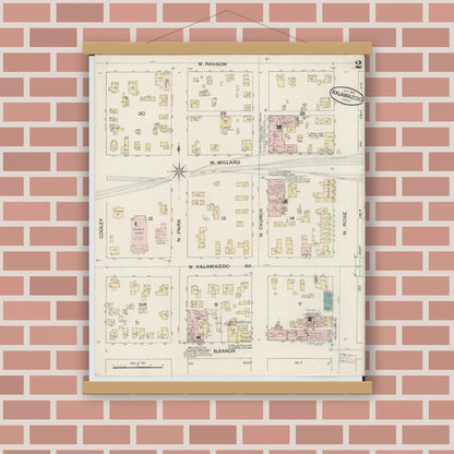 Old map wall art mockup — magnetic wood frame on brick wall — Sanborn Fire Insurance Map from Kalamazoo, Kalamazoo County, Michigan (1887), Sheet #0002