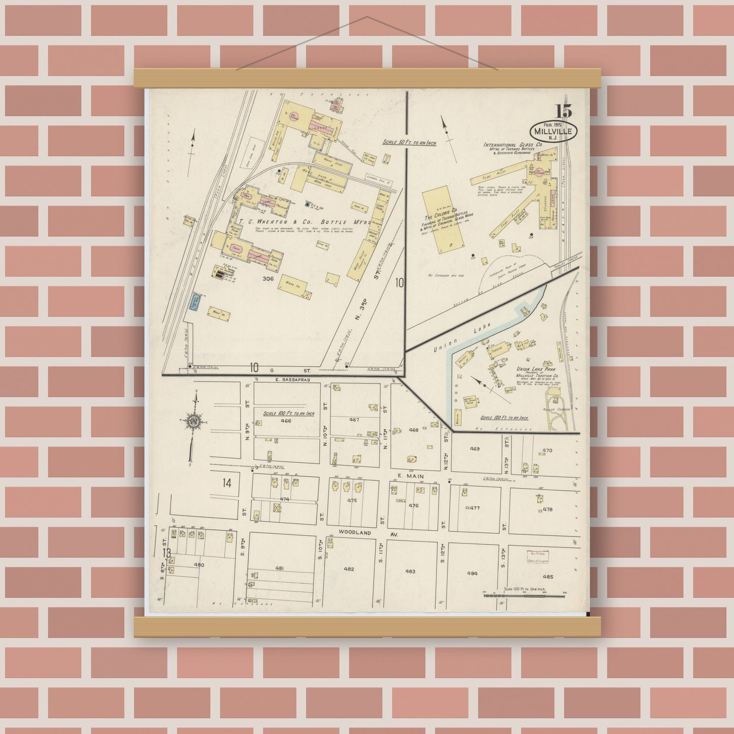 Old map wall art mockup — magnetic wood frame on brick wall — Sanborn Fire Insurance Map from Millville, Cumberland County, New Jersey (1915), Sheet #0015