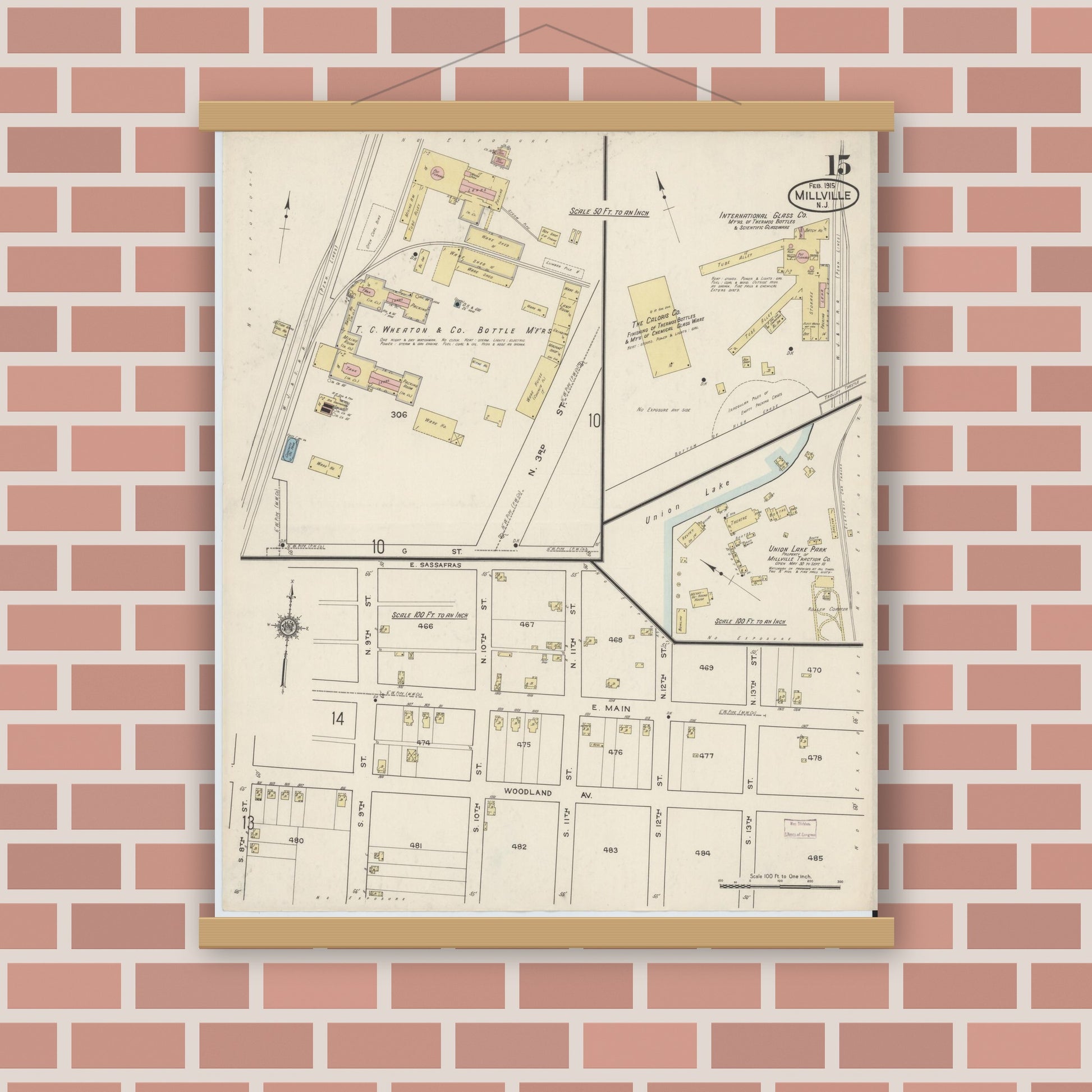 Old map wall art mockup — magnetic wood frame on brick wall — Sanborn Fire Insurance Map from Millville, Cumberland County, New Jersey (1915), Sheet #0015