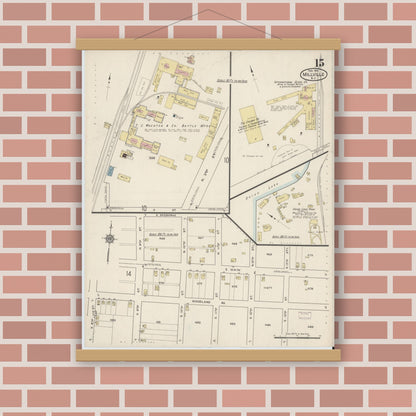 Old map wall art mockup — magnetic wood frame on brick wall — Sanborn Fire Insurance Map from Millville, Cumberland County, New Jersey (1915), Sheet #0015