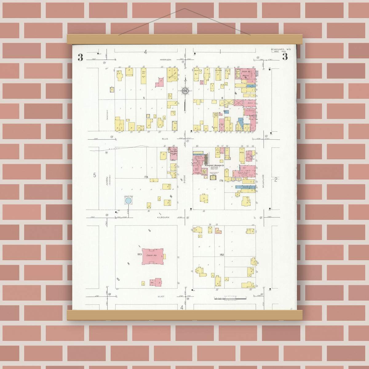 Old map wall art mockup — magnetic wood frame on brick wall — Sanborn Fire Insurance Map from Kewaunee, Kewaunee County, Wisconsin (1933), Sheet #0003