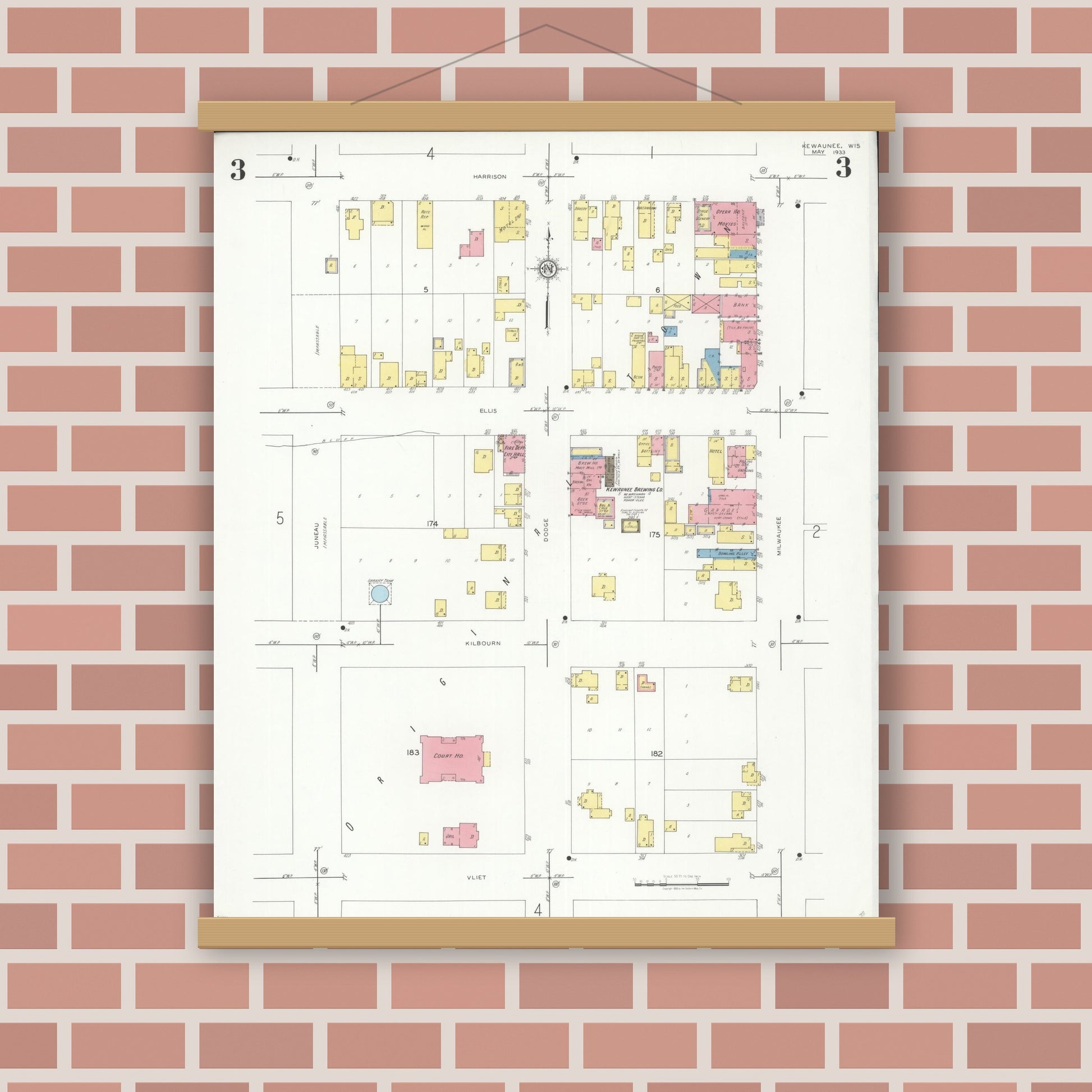 Old map wall art mockup — magnetic wood frame on brick wall — Sanborn Fire Insurance Map from Kewaunee, Kewaunee County, Wisconsin (1933), Sheet #0003