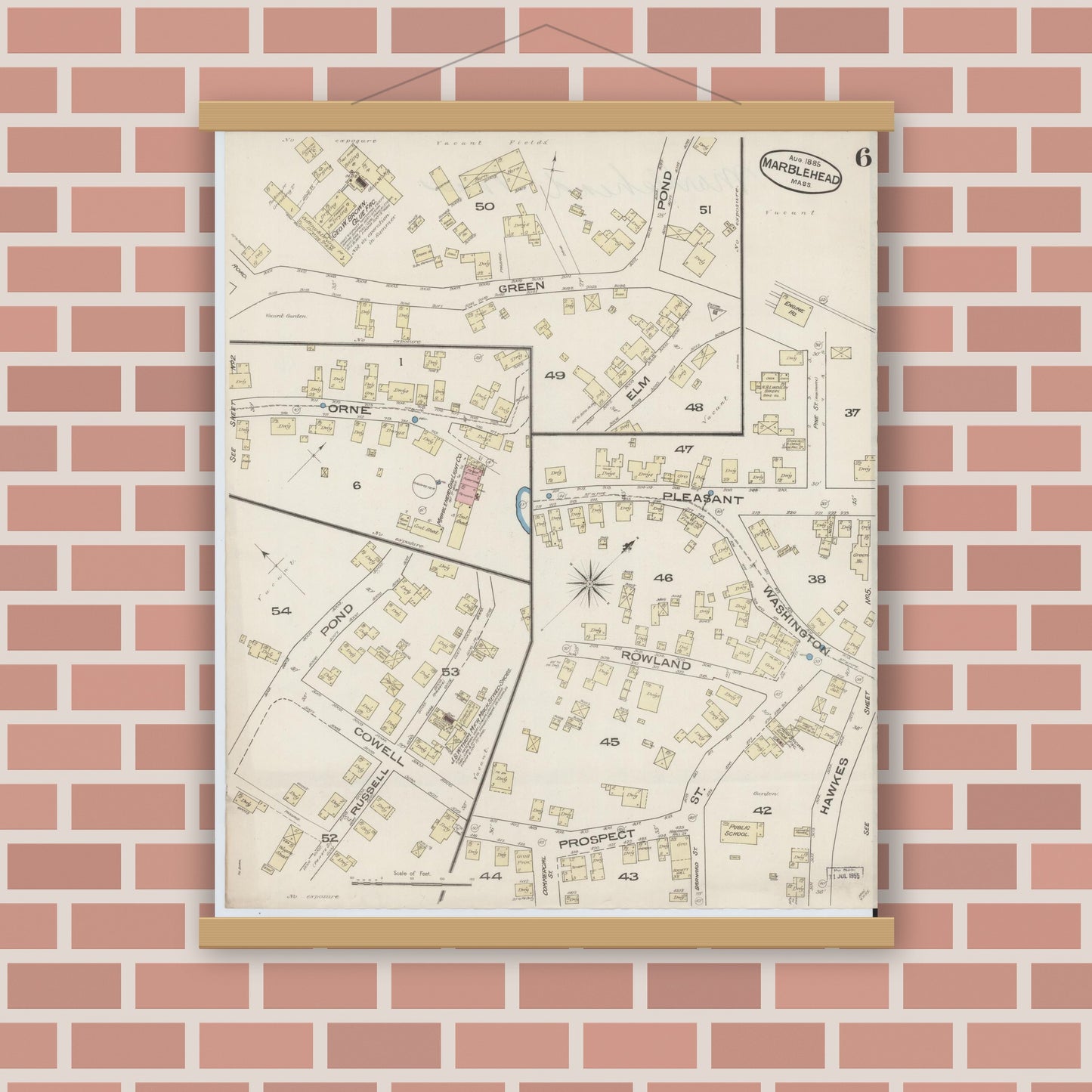 Old map wall art mockup — magnetic wood frame on brick wall — Sanborn Fire Insurance Map from Marblehead, Essex County, Massachusetts (1885), Sheet #0006