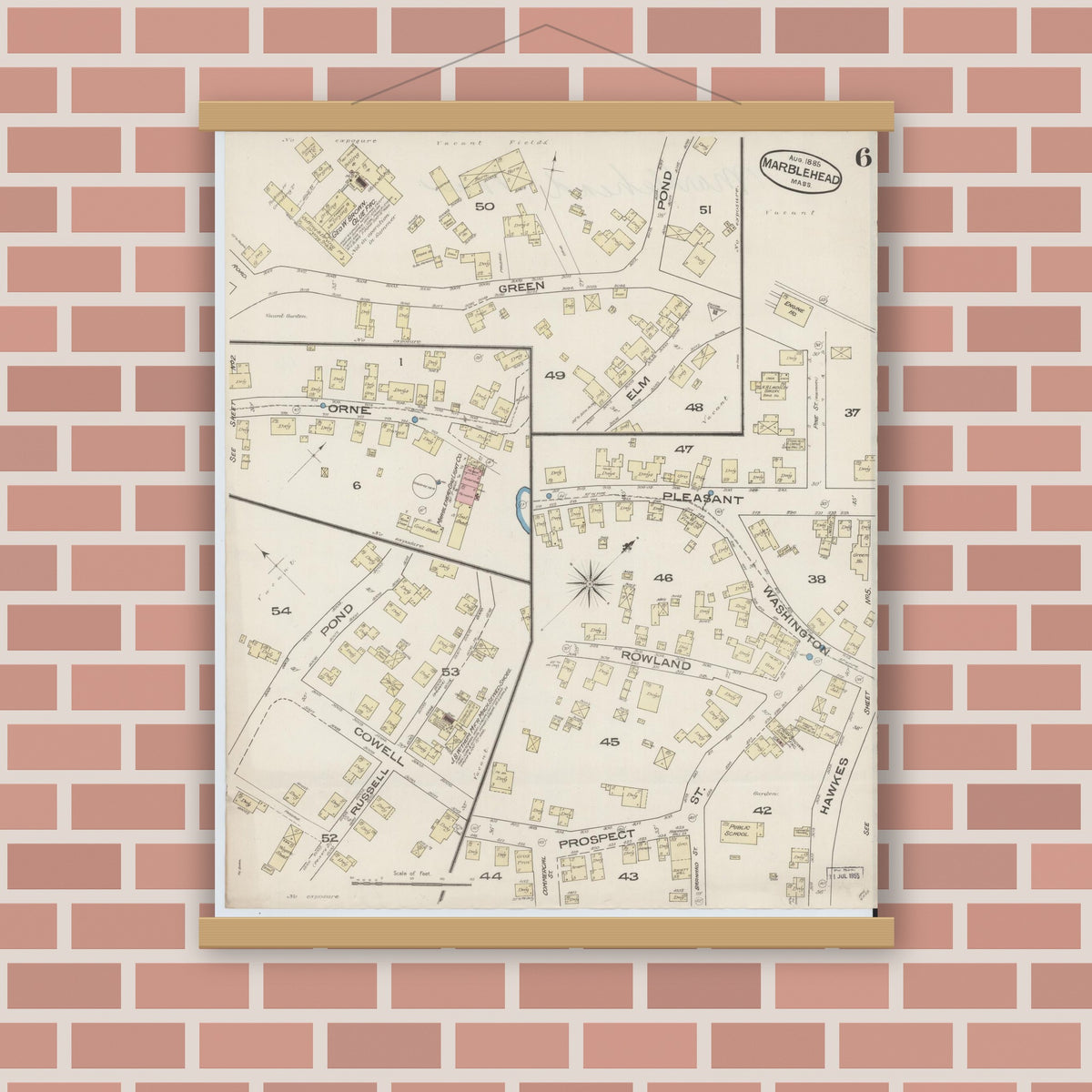 Old map wall art mockup — magnetic wood frame on brick wall — Sanborn Fire Insurance Map from Marblehead, Essex County, Massachusetts (1885), Sheet #0006
