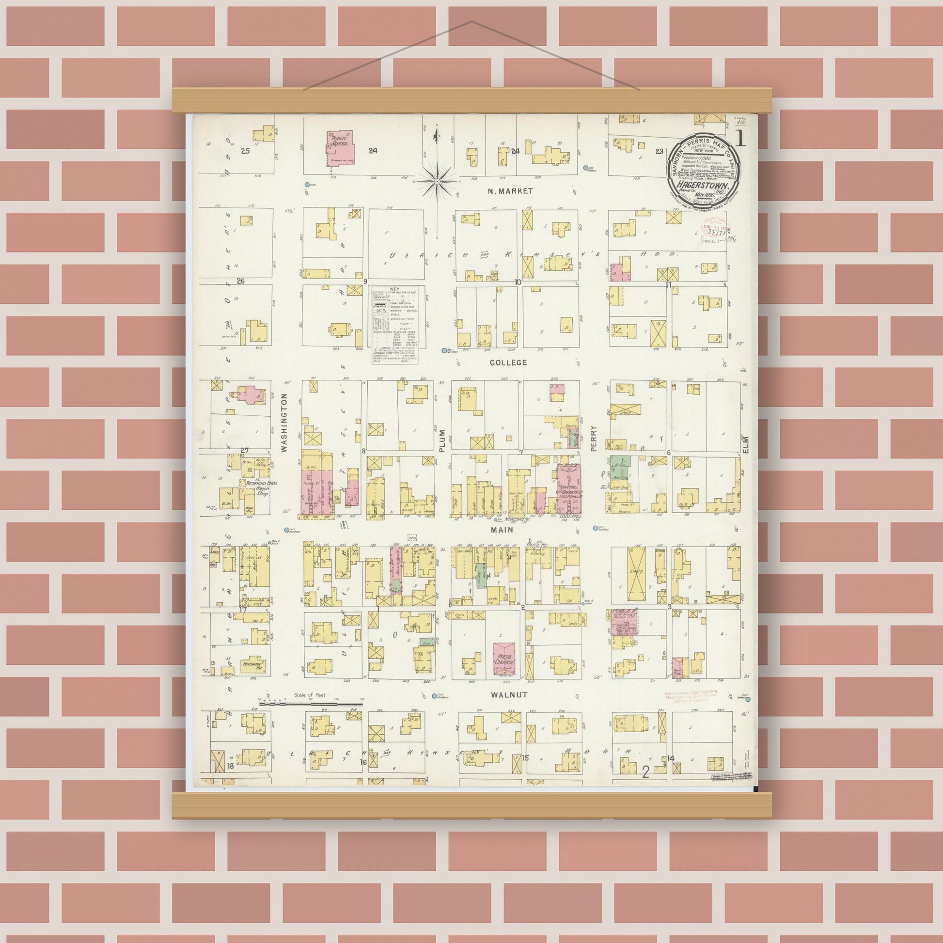 Old map wall art mockup — magnetic wood frame on brick wall — Sanborn Fire Insurance Map from Hagerstown, Wayne County, Indiana (1896) - Complete Map Set