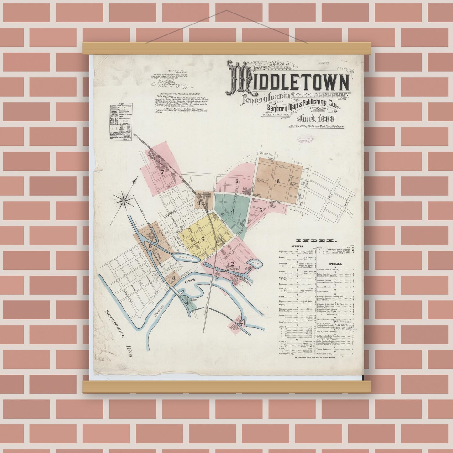 Old map wall art mockup — magnetic wood frame on brick wall — Sanborn Fire Insurance Map from Middletown, Dauphin County, Pennsylvania (1888) - Complete Map Set