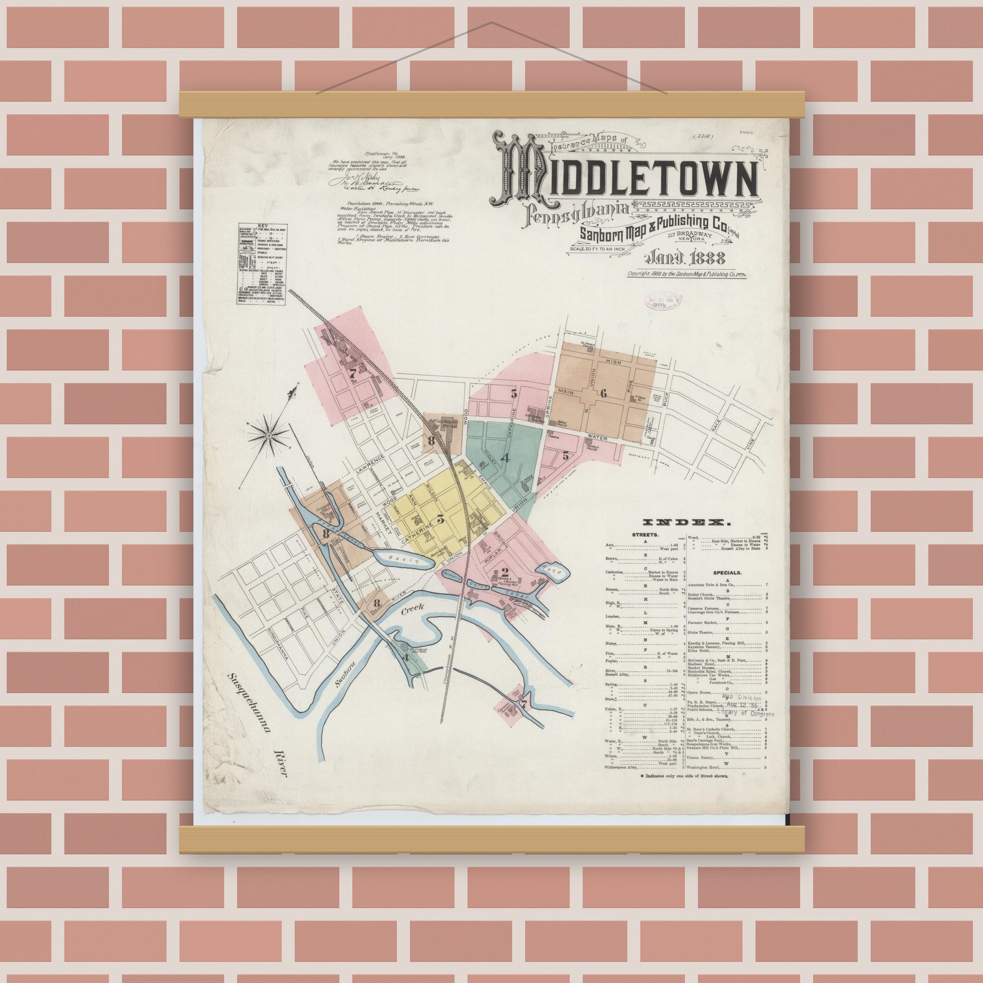 Old map wall art mockup — magnetic wood frame on brick wall — Sanborn Fire Insurance Map from Middletown, Dauphin County, Pennsylvania (1888) - Complete Map Set