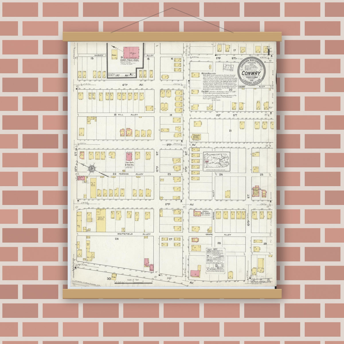Old map wall art mockup — magnetic wood frame on brick wall — Sanborn Fire Insurance Map from Conway, Beaver County, Pennsylvania (1916) - Complete Map Set