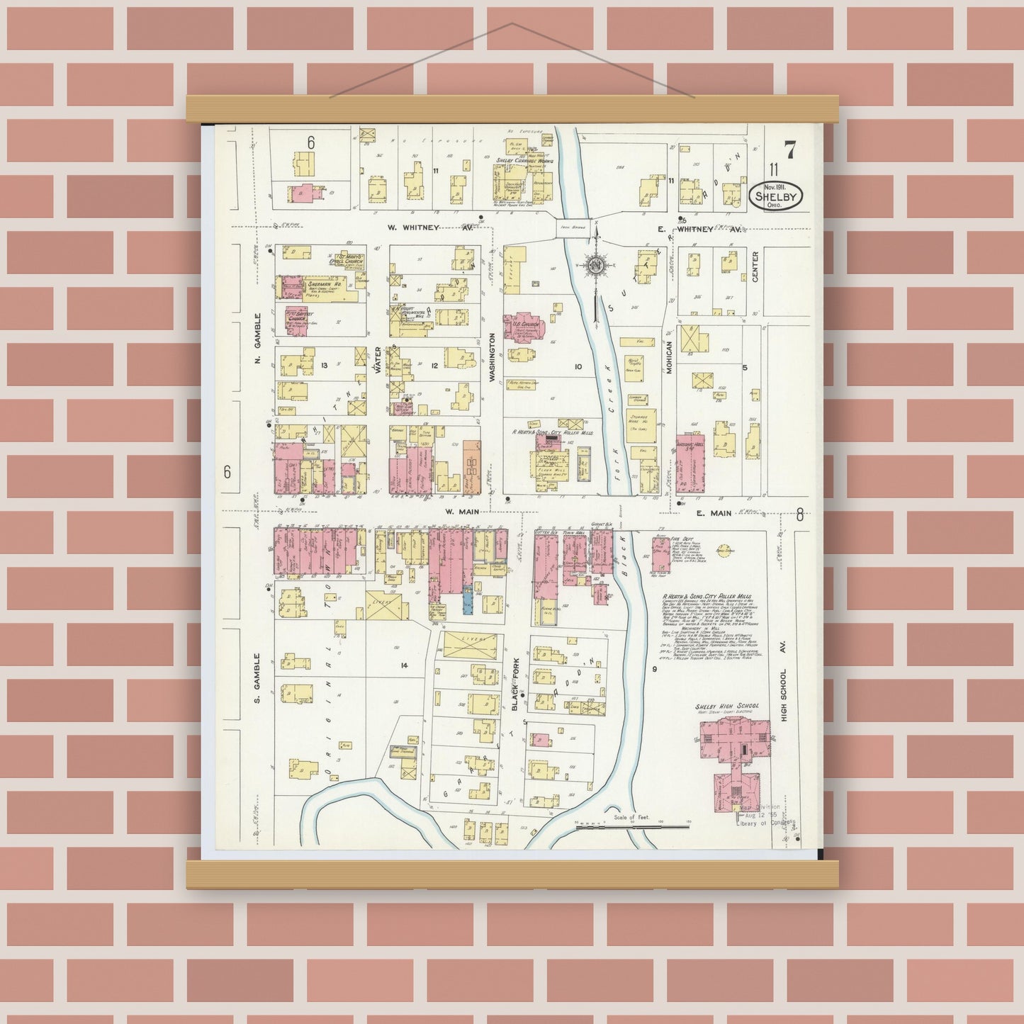 Old map wall art mockup — magnetic wood frame on brick wall — Sanborn Fire Insurance Map from Shelby, Richland County, Ohio (1911), Sheet #0007